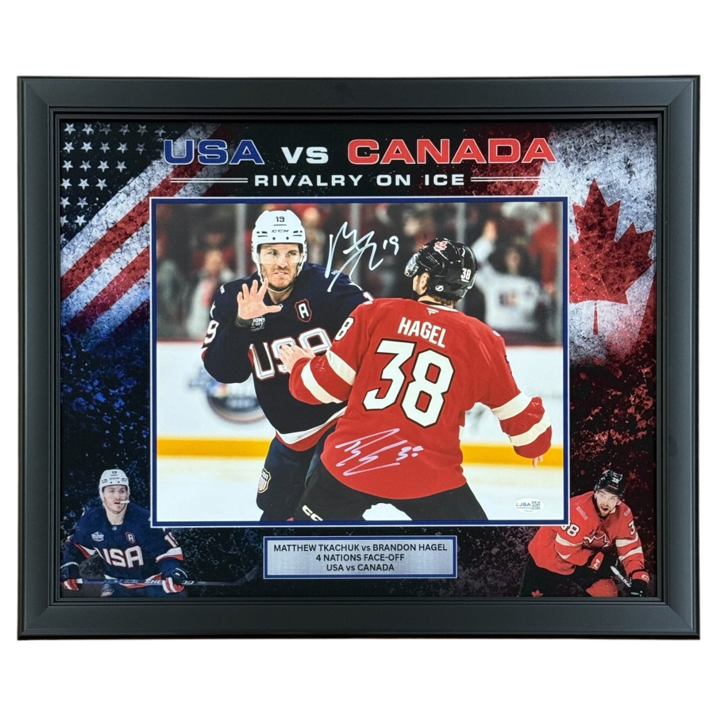 Matthew Tkachuk & Brandon Hagel Autographed Deluxe Framed USA vs Canada Rivalry 11x14 Photo - JSA