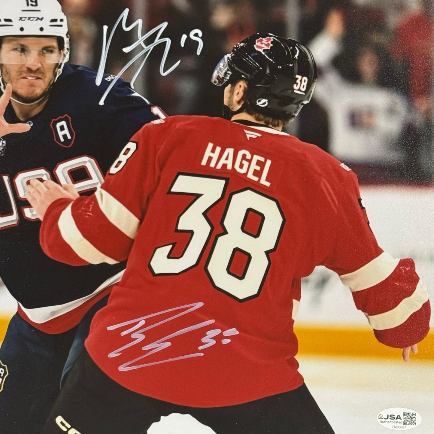 Matthew Tkachuk & Brandon Hagel Autographed Deluxe Framed USA vs Canada Rivalry 11x14 Photo - JSA