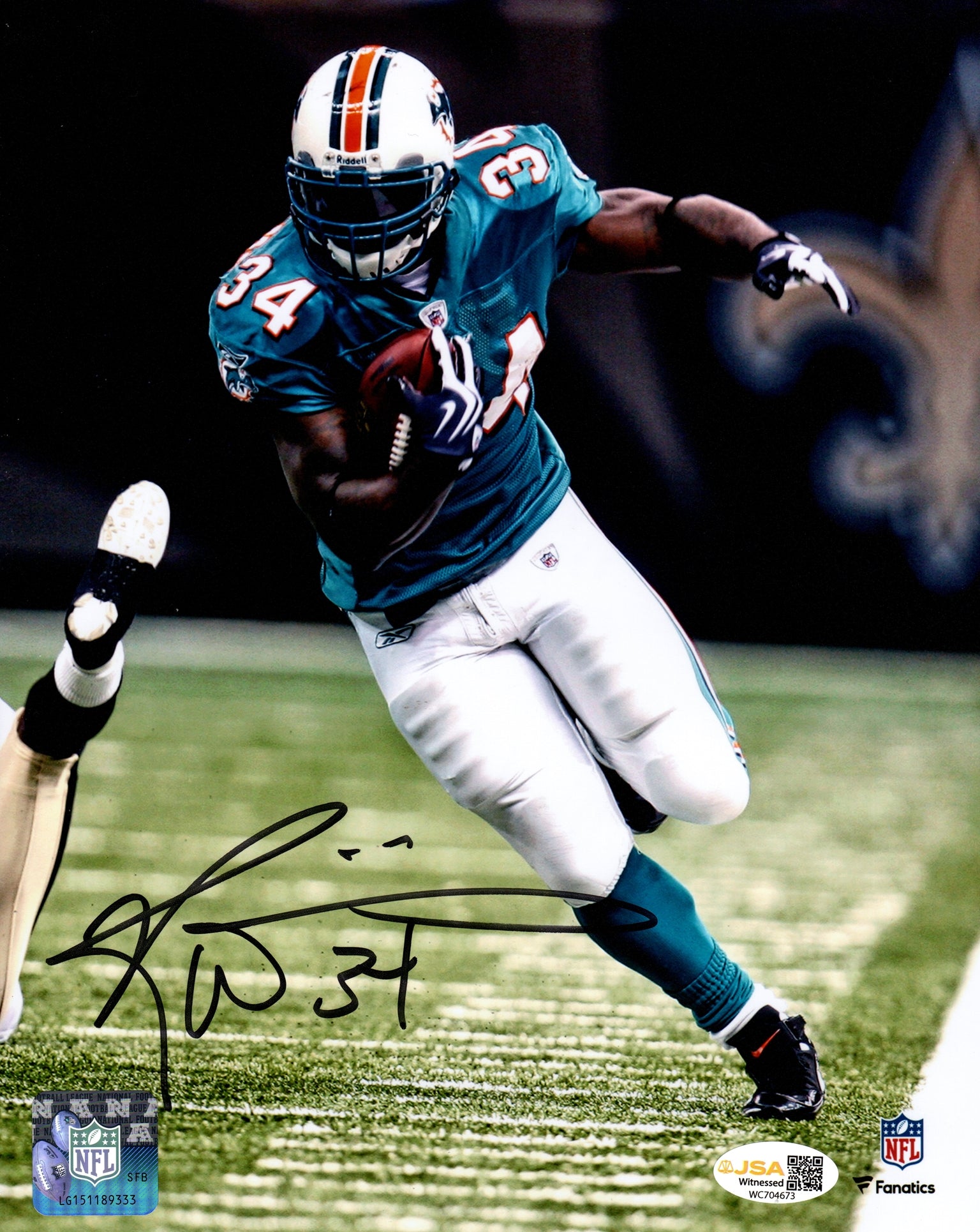 Ricky Williams Autographed Miami Dolphins (Aqua Jersey) 8x10 Photo - JSA