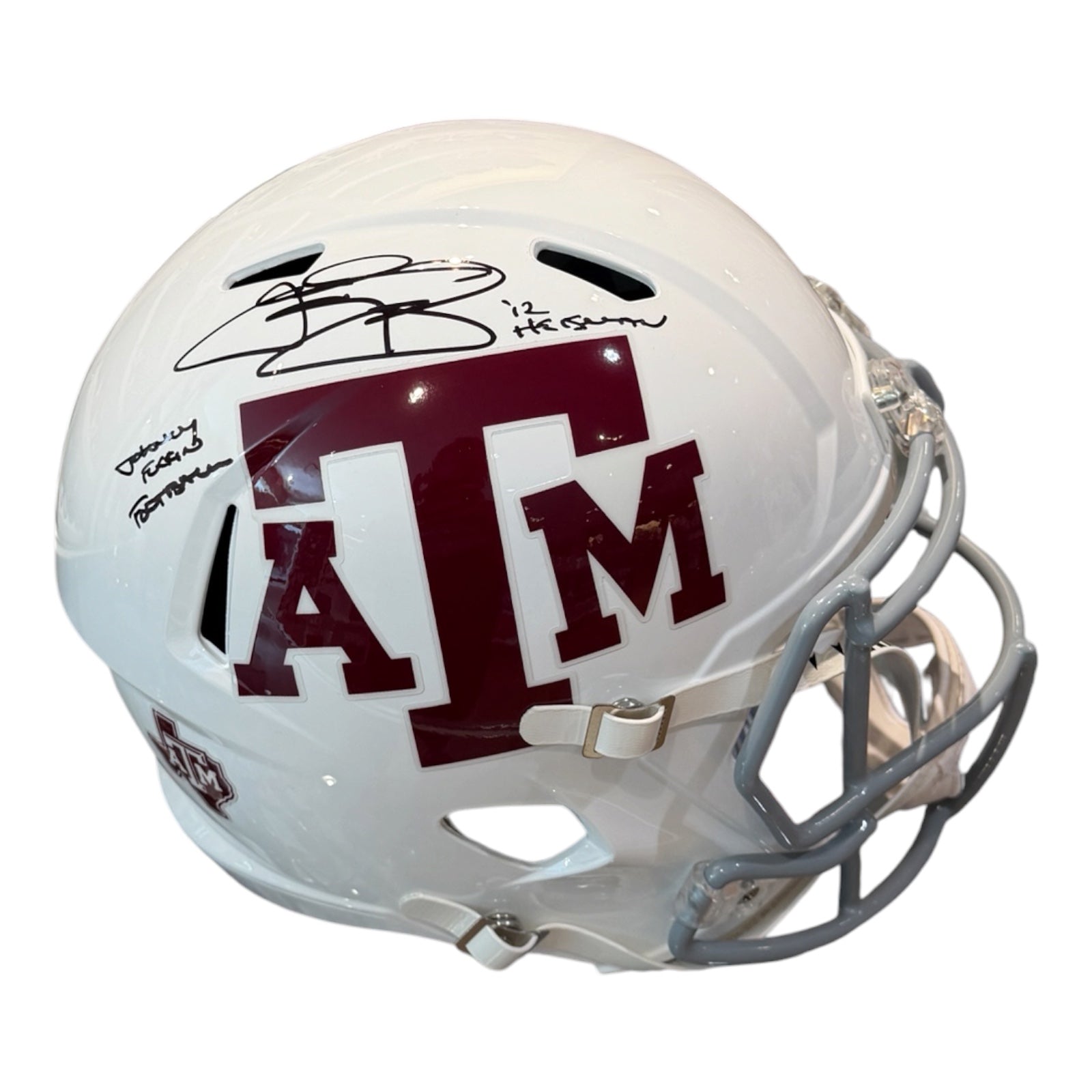 Johnny Manziel Autographed Texas AM Aggies Deluxe Speed Replica Full Size Helmet with Inscriptions - JSA
