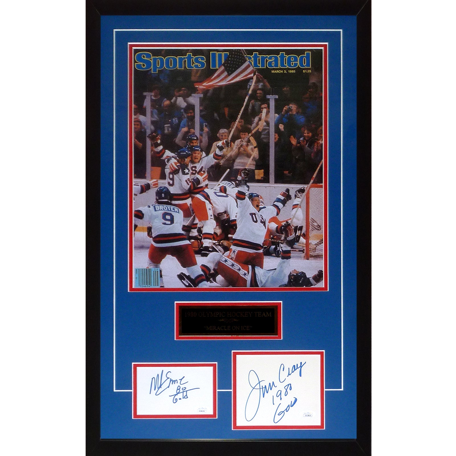 1980 USA Olympic Hockey 11x17 Sports Illustrated Poster Deluxe Framed with Jim Craig And Mike Eruzione Autographs - JSA