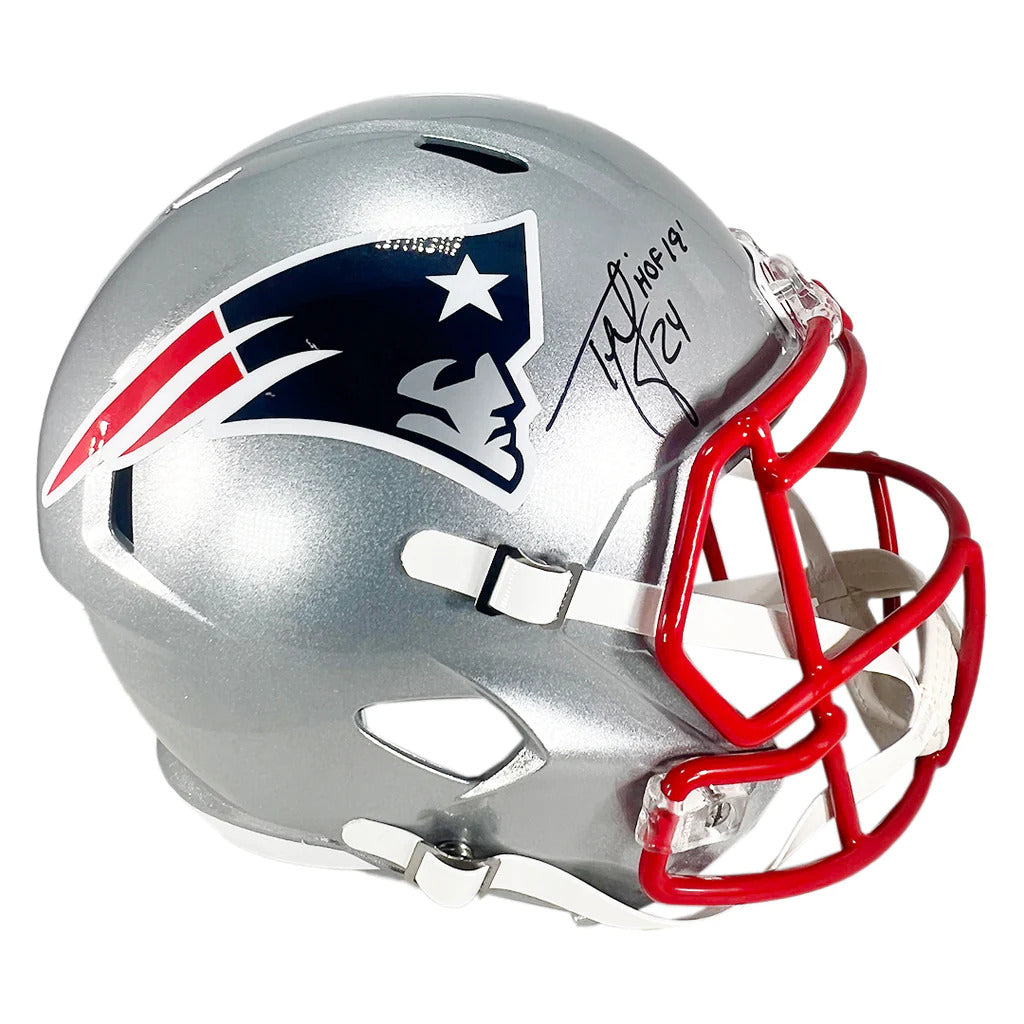 Ty Law Autographed New England Patriots Speed Deluxe Full-Size Replica Helmet w/ "HOF 19"