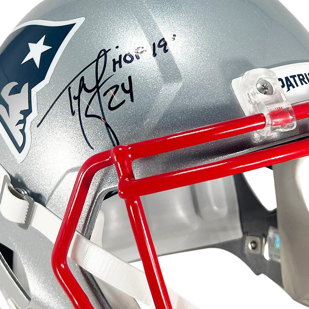 Ty Law Autographed New England Patriots Speed Deluxe Full-Size Replica Helmet w/ "HOF 19"