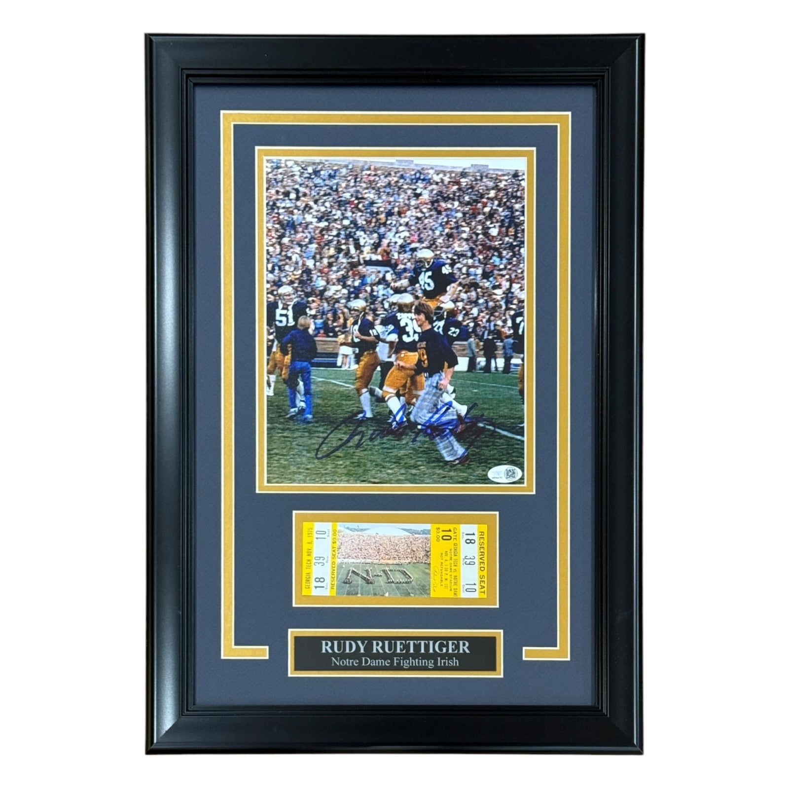 Rudy Ruettiger Autographed Notre Dame Deluxe Framed 8x10 Photo with Replica Game Ticket - JSA