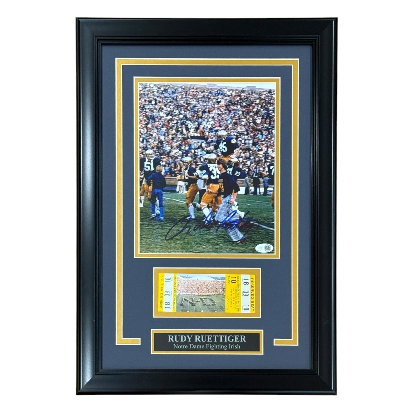 Rudy Ruettiger Autographed Notre Dame Deluxe Framed 8x10 Photo with Replica Game Ticket - JSA