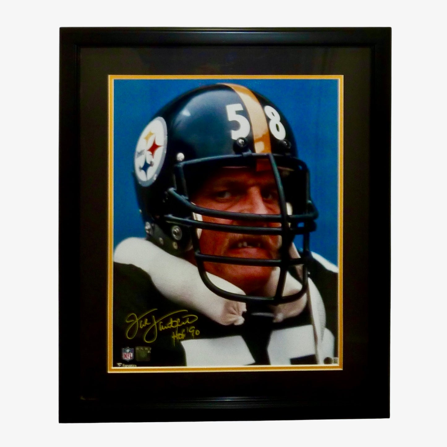 Jack Lambert Autographed Pittsburgh Steelers (Teeth Shot) Deluxe Framed 16x20 Photo w/ "HOF 90" - Lambert Holo