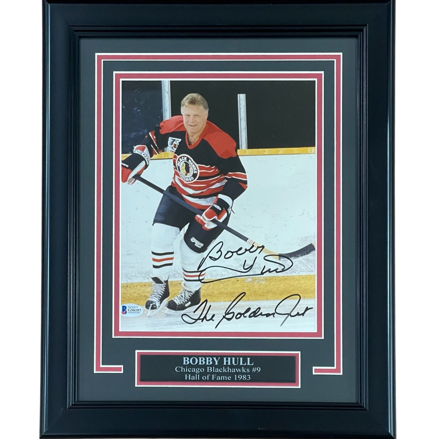 Bobby Hull Autographed Chicago Blackhawks (Action) Deluxe Framed 8x10 Photo w/ "The Golden Jet" - JSA
