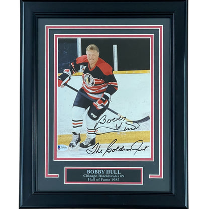 Bobby Hull Autographed Chicago Blackhawks (Action) Deluxe Framed 8x10 Photo w/ "The Golden Jet" - JSA