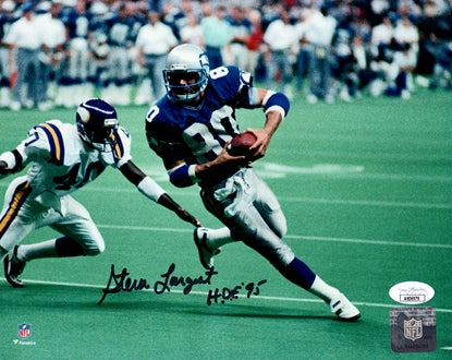 Steve Largent Autographed Seattle Seahawks (Blue Jersey) 8x10 Photo w/ 