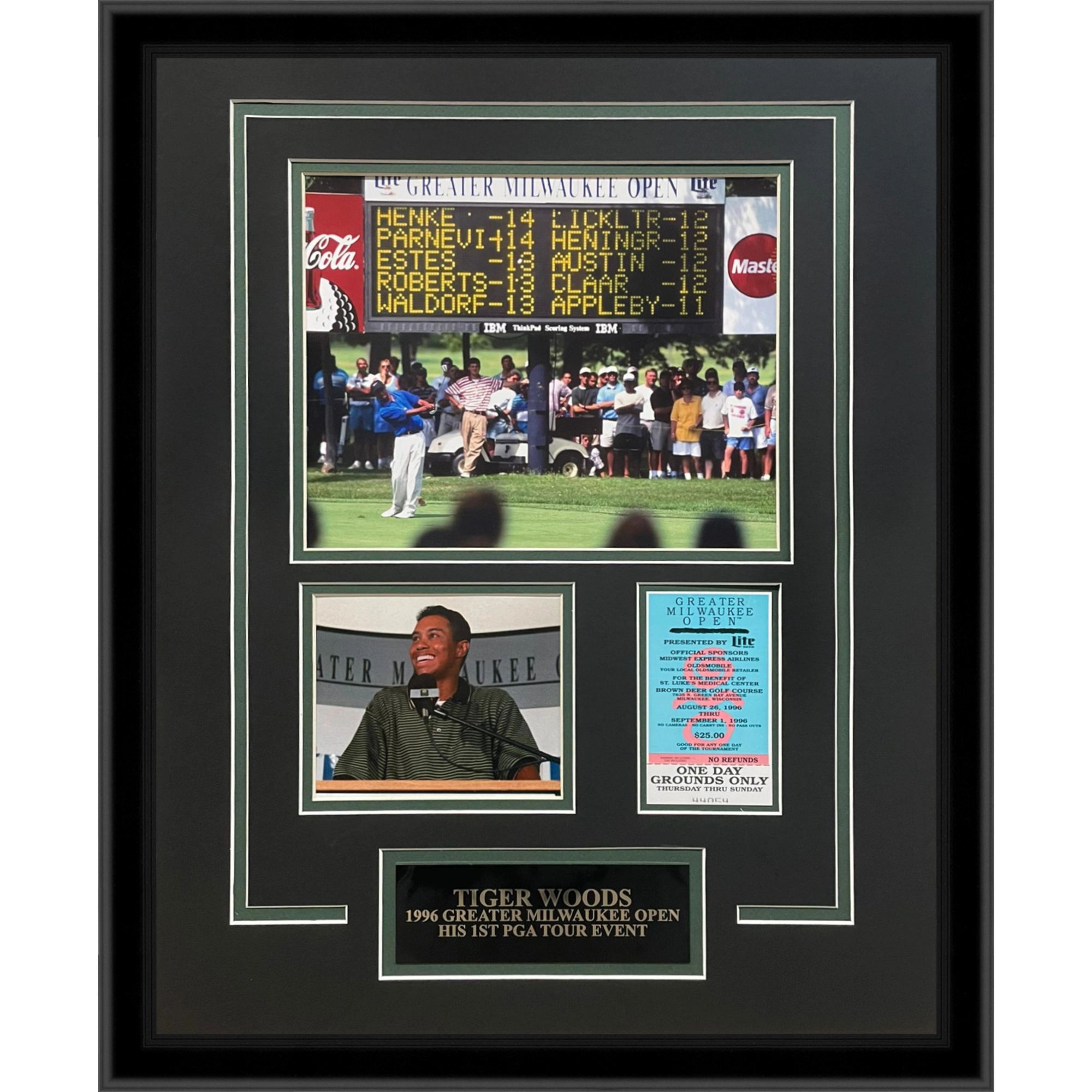 Tiger Woods 1st PGA Tour Event Photo Framed with 1996 Greater Milwaukee Open Replica Ticket
