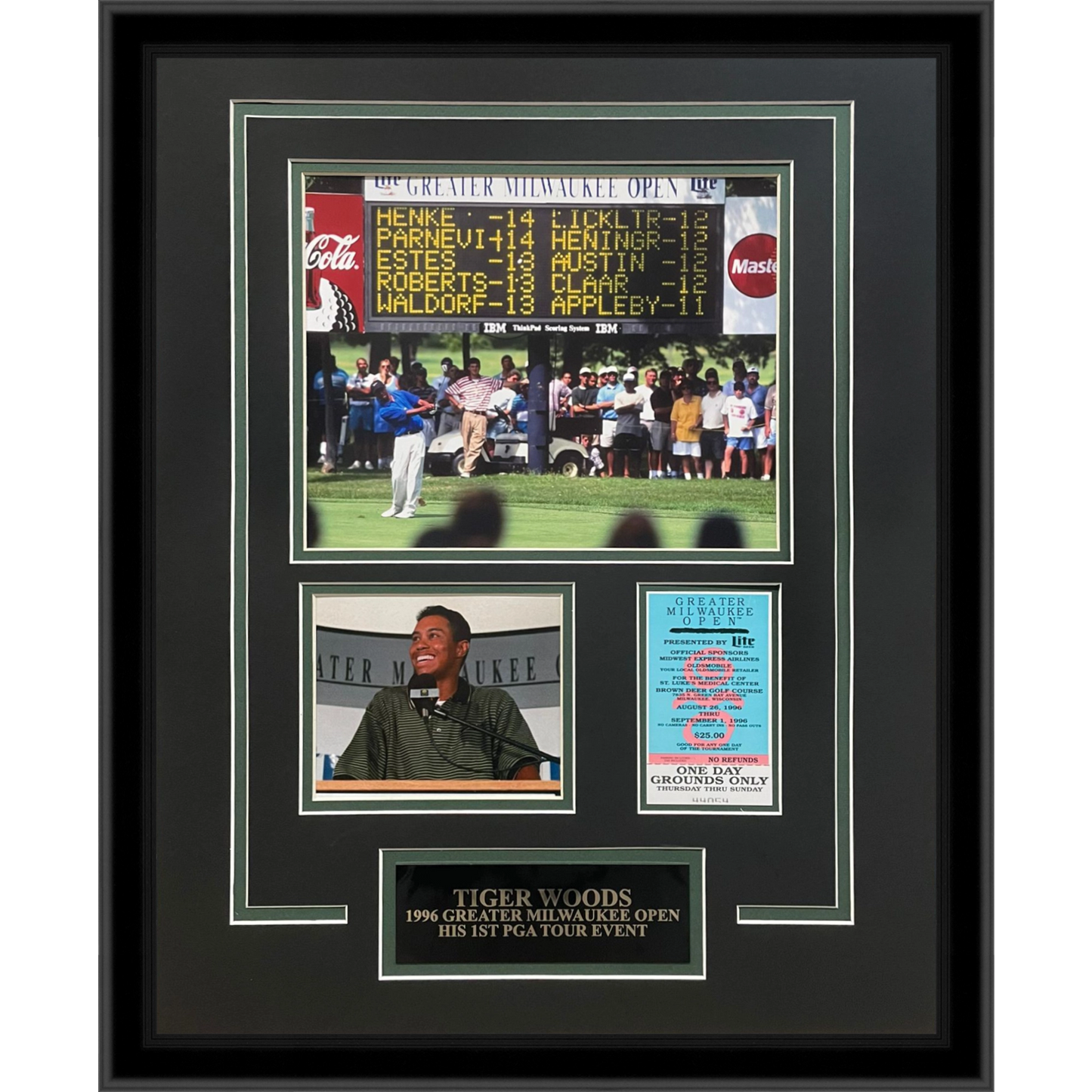 Tiger Woods 1st PGA Tour Event Photo Framed with 1996 Greater Milwaukee Open Replica Ticket