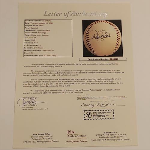 Derek Jeter Autographed Panel MLB Baseball - JSA