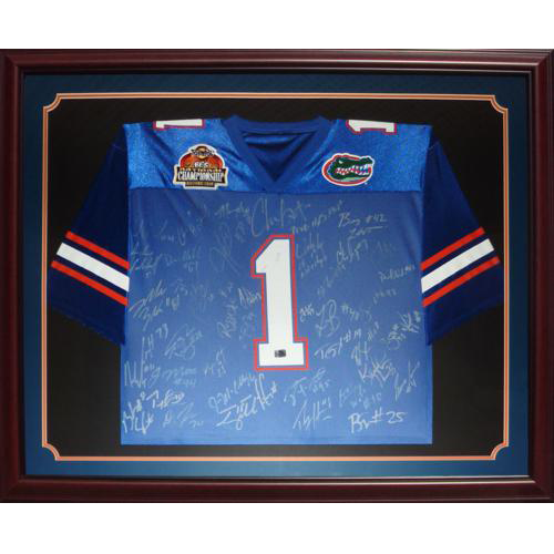 2006 Florida Gators National Championship Team and Urban Meyer Autographed (Blue #1) Deluxe Framed Jersey - 45 Signatures