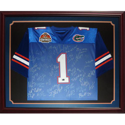 2006 Florida Gators National Championship Team and Urban Meyer Autographed (Blue #1) Deluxe Framed Jersey - 45 Signatures