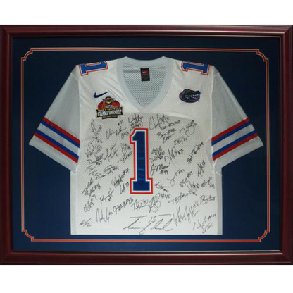 2006 Florida Gators National Championship Team and Urban Meyer Autographed (White #1) Deluxe Framed Jersey - 45 Signatures