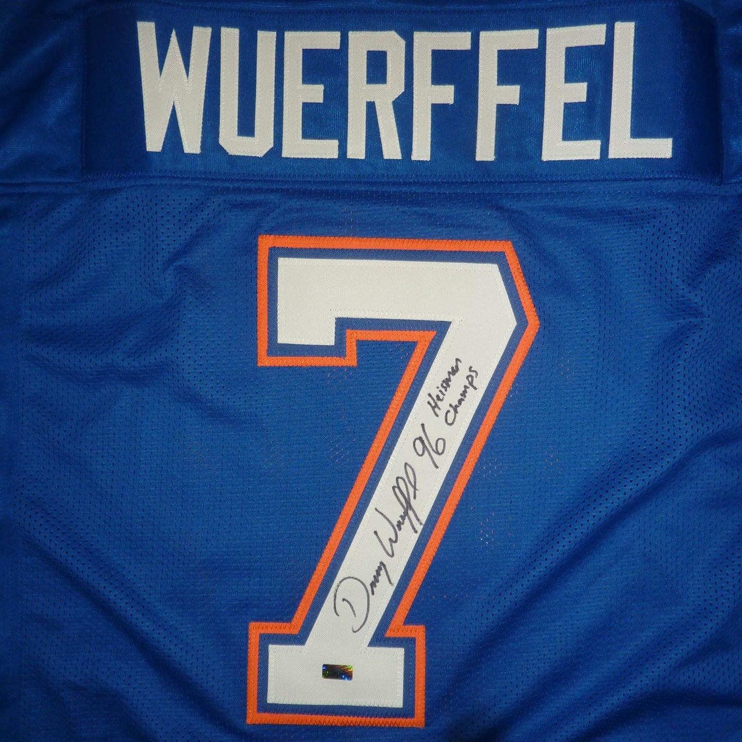 Danny Wuerffel Autographed Florida Gators (Blue #7) Jersey w/ "96 Heisman Champs"