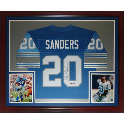 Barry Sanders Autographed Detroit Lions (Blue #20) Deluxe Framed Jersey - Schwartz