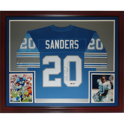 Barry Sanders Autographed Detroit Lions Blue 20 Deluxe Framed Jerse Palm Beach Autographs LLC