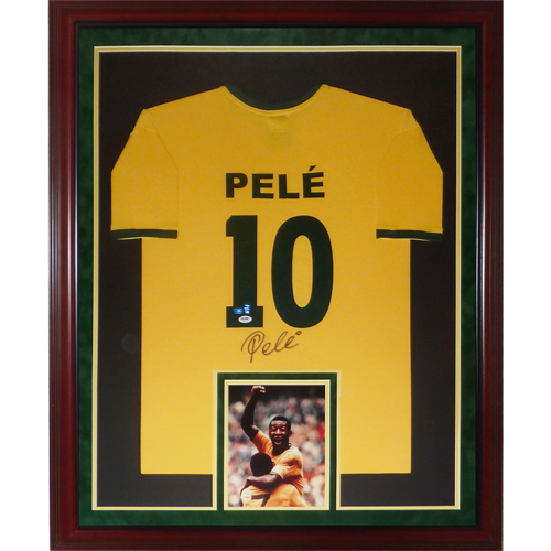 Pele Autographed Brazil Soccer (Yellow #10) Deluxe Framed Jersey - PSADNA