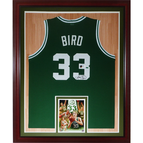 Larry Bird Autographed Boston Celtics (Green #33) Deluxe Framed Jersey - Beckett Witness