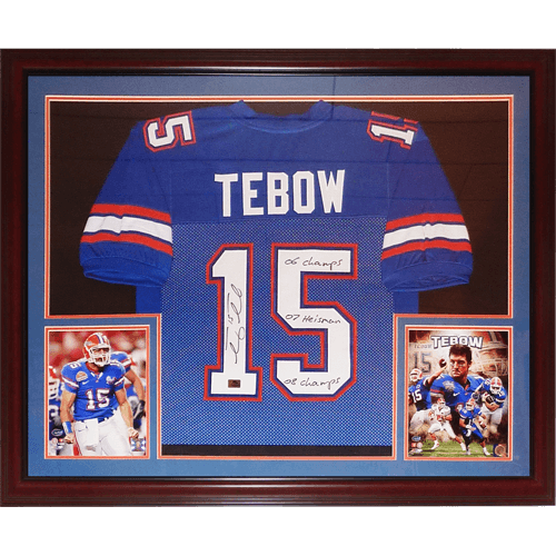 Tim Tebow Autographed Florida Gators (Blue #15) Deluxe Framed Jersey w/ "06 Champs", "07 Heisman", "08 Champs" - Tebow Holo