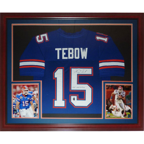 Tim Tebow Autographed Florida Gators (Blue #15) Deluxe Framed Jersey w/ "07 Heisman" - Tebow Holo