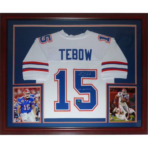 Tim Tebow Autographed Florida Gators (White #15) Deluxe Framed Jersey w/ "07 Heisman" - Tebow Holo