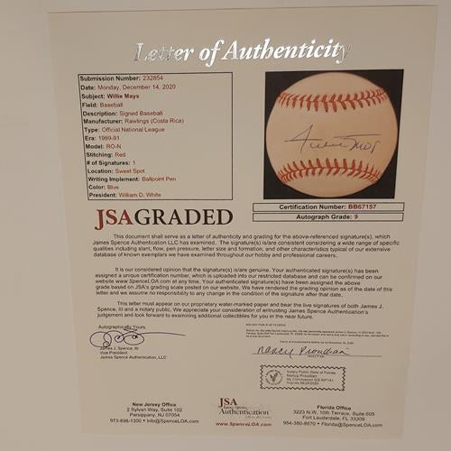 Willie Mays Autographed MLB Baseball - JSA Letter