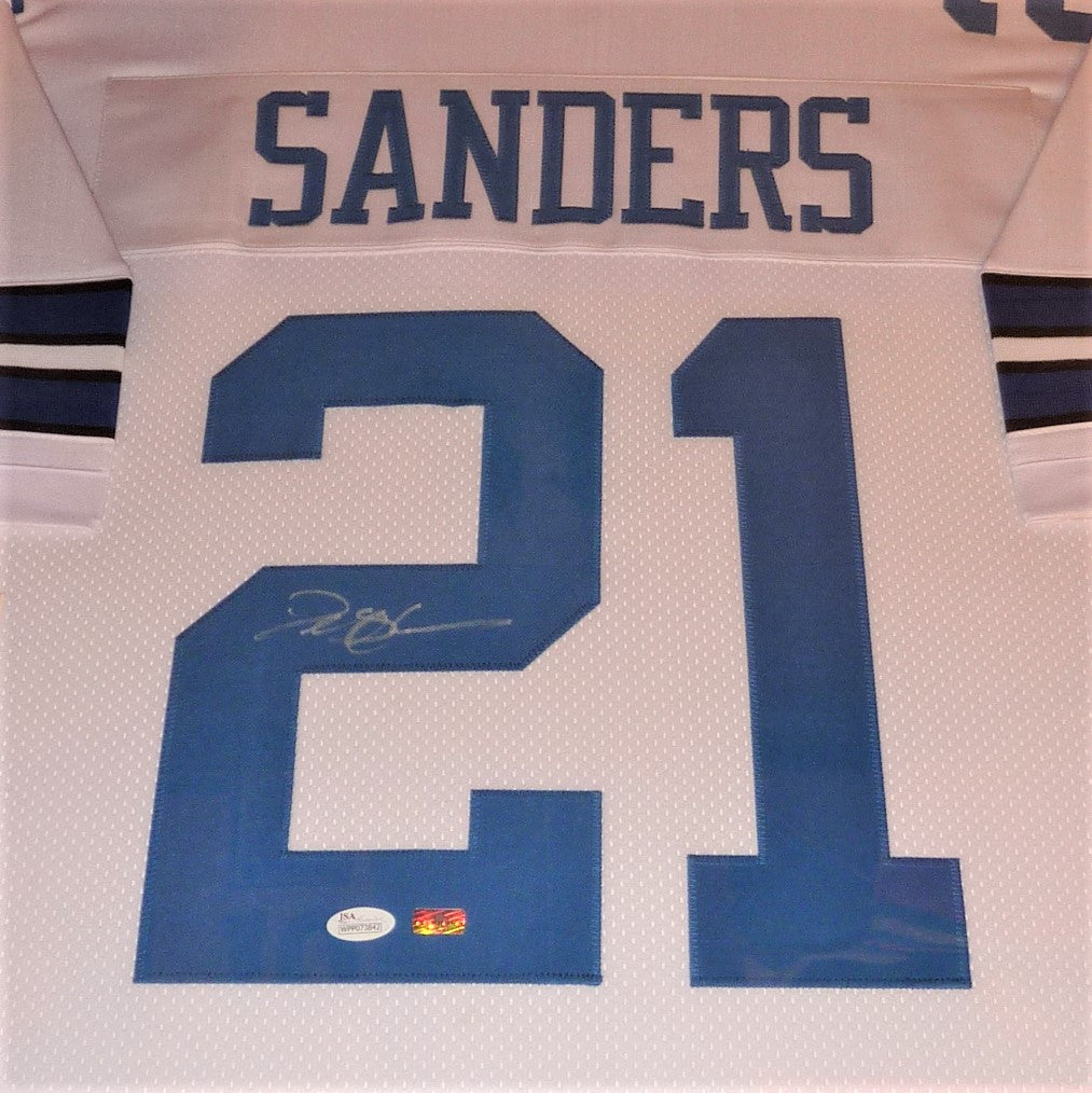 Deion Sanders Autographed Dallas Cowboys (White #21) Deluxe Framed Jersey - JSA