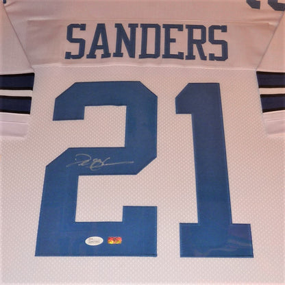 Deion Sanders Autographed Dallas Cowboys (White #21) Deluxe Framed Jersey - JSA