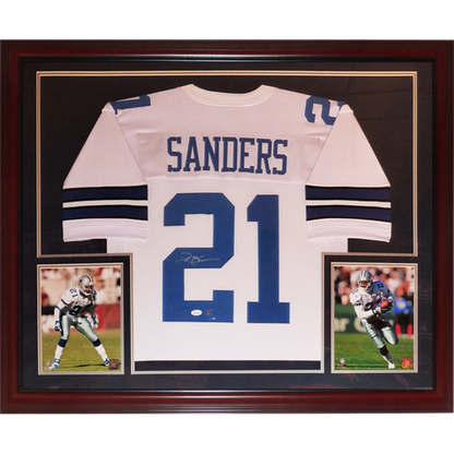Deion Sanders Autographed Dallas Cowboys (White #21) Deluxe Framed Jersey - JSA