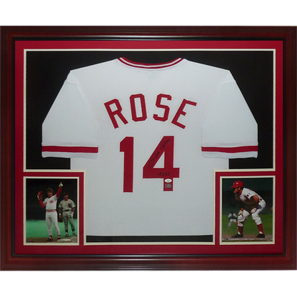 Pete Rose Autographed Cincinnati Reds (White #14) Deluxe Framed Jersey w/ "4256'