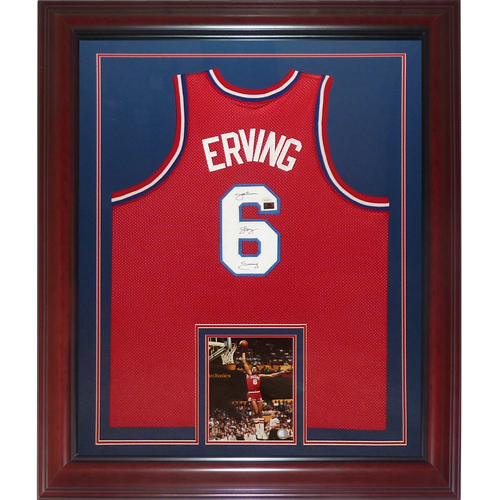 Julius Erving Autographed Philadelphia 76ers (Red #6) Deluxe Framed Jersey w/ 