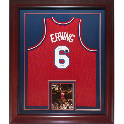 Julius Erving Autographed Philadelphia 76ers (Red #6) Deluxe Framed Jersey w/ "Dr. J"