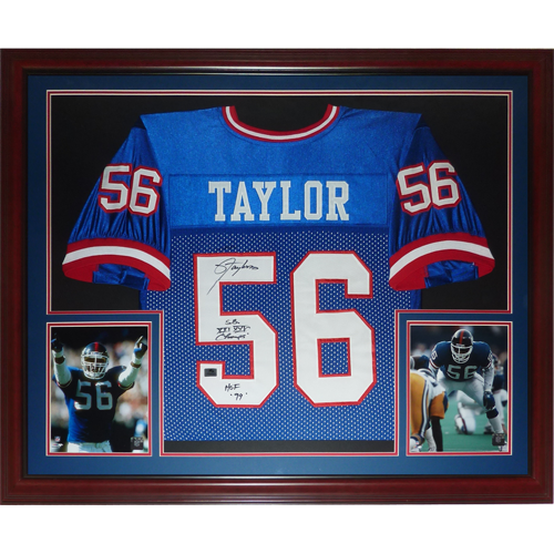 Lawrence Taylor Autographed New York Giants (Blue #56) Deluxe Framed Jersey w/ 