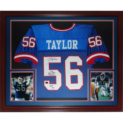 Lawrence Taylor Autographed New York Giants (Blue #56) Deluxe Framed Jersey w/ "SB XXI XXV Champs, HOF 99"