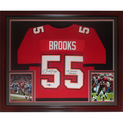 Derrick Brooks Autographed Tampa Bay Buccaneers (Red #55) Deluxe Framed Jersey w/ "SB XXXVII Champs" - Brooks Holo