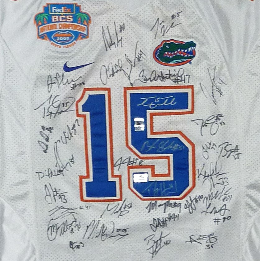 2008 Florida Gators National Champions Team Autographed (White #15 Nike) Jersey - 34 Signatures, Tim Tebow