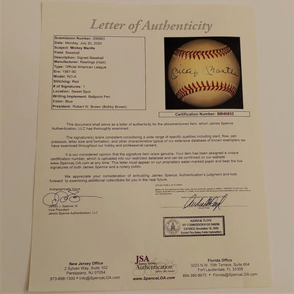 Mickey Mantle Autographed Official AL Baseball - JSA Full Letter