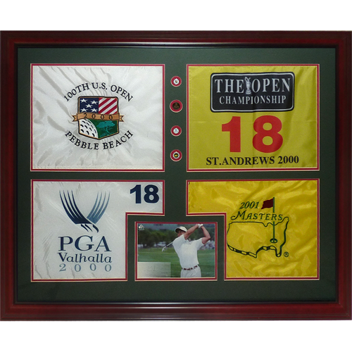 Tiger Woods Autographed Tiger Slam Deluxe Framed Piece - 2000 US Open, British Open, PGA Championship, 2001 Masters