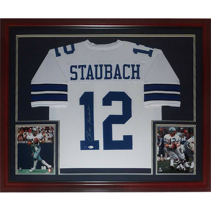 Roger Staubach Autographed Dallas Cowboys (White #12) Deluxe Framed Jersey - Beckett