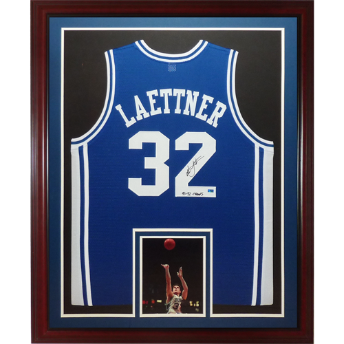 Christian Laettner Autographed Duke Blue Devils (Blue #32) Deluxe Framed Jersey w/ "91 &amp; 92 NCAA Champs"