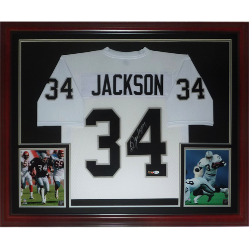 Bo Jackson Autographed Oakland Raiders (White #34) Deluxe Framed Jersey - Beckett