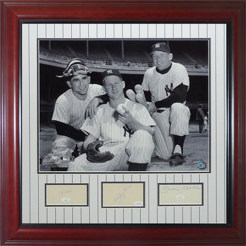 Yogi Berra, Whitey Ford And Mickey Mantle Autographed New York Yankees Deluxe Framed 16x20 Photo Piece - JSA Full Letter