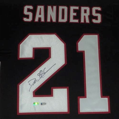 Deion Sanders Autographed and Framed Red Falcons Jersey