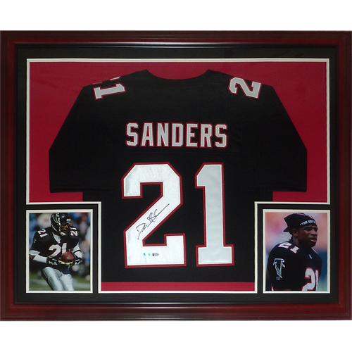 Deion Sanders Autographed Atlanta Falcons (Black #21) Deluxe Framed Jersey - Beckett