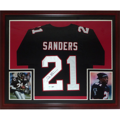 Deion Sanders Autographed Atlanta Falcons (Black #21) Deluxe Framed Jersey - Beckett