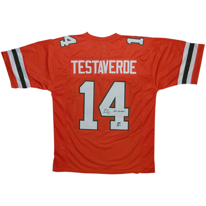Vinny Testaverde Autographed Miami Hurricanes (Orange #14) Custom Jersey w/ "Heisman 1986" - Beckett