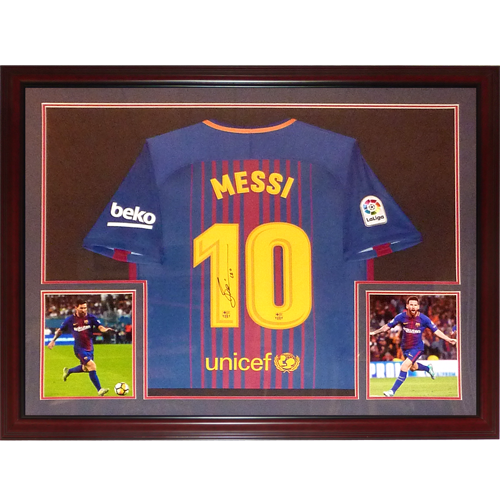 Lionel Messi Autographed FC Barcelona (17-18 Home #10) Deluxe Framed Soccer Jersey - Icons COA