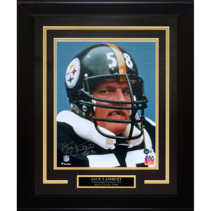Jack Lambert Autographed Pittsburgh Steelers (Teeth Shot) Deluxe Framed 11x14 Photo w/ "HOF 90" - Lambert Holo